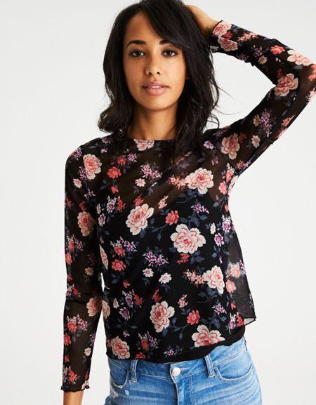 American Eagle Outfitters Ae Printed Mesh Overlay Top