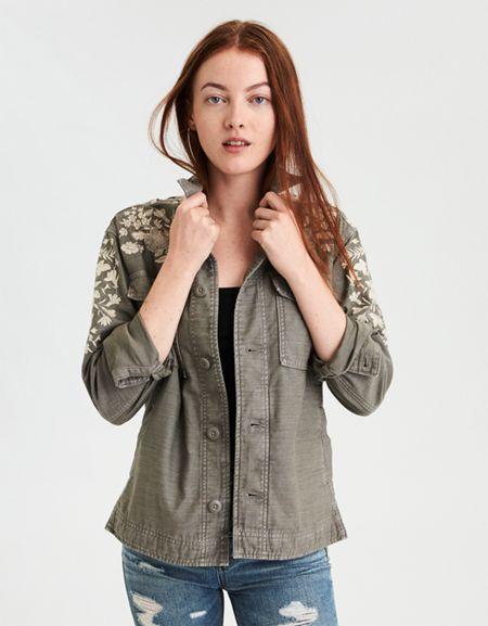 American Eagle Outfitters Ae Embroidered Military Shirt Jacket
