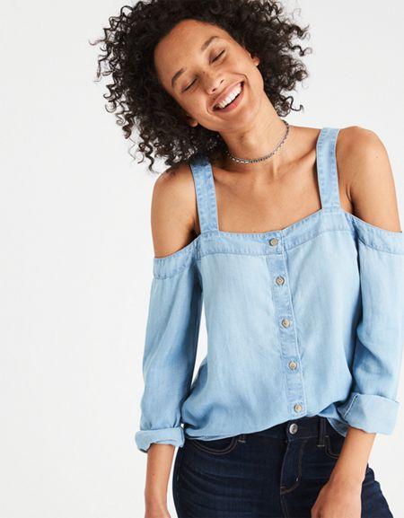 American Eagle Outfitters Ae Washed Denim Cold Shoulder Tencel Top