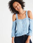 American Eagle Outfitters Ae Washed Denim Cold Shoulder Tencel Top