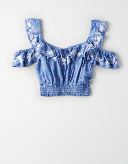 American Eagle Outfitters Ae Embroidered Cold Shoulder Crop Top