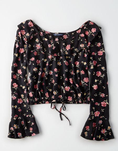 American Eagle Outfitters Ae Ruffle-collar Bell Sleeve Crop Top