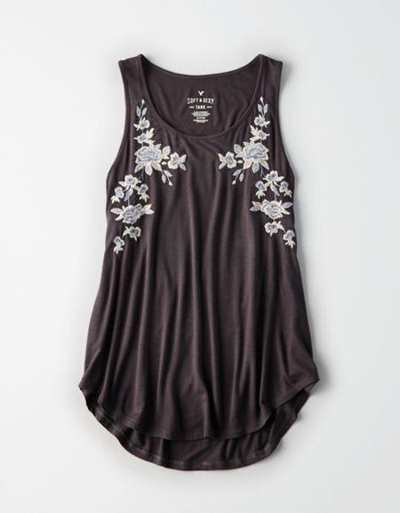 American Eagle Outfitters Ae Floral Embroidered Favorite Scoop Neck Tank Top
