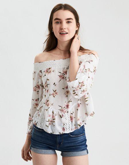 American Eagle Outfitters Ae Swiss Dot Lace Inset Top