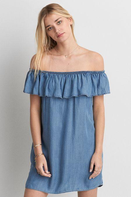 American Eagle Outfitters Ae Off-the-shoulder Chambray Dress
