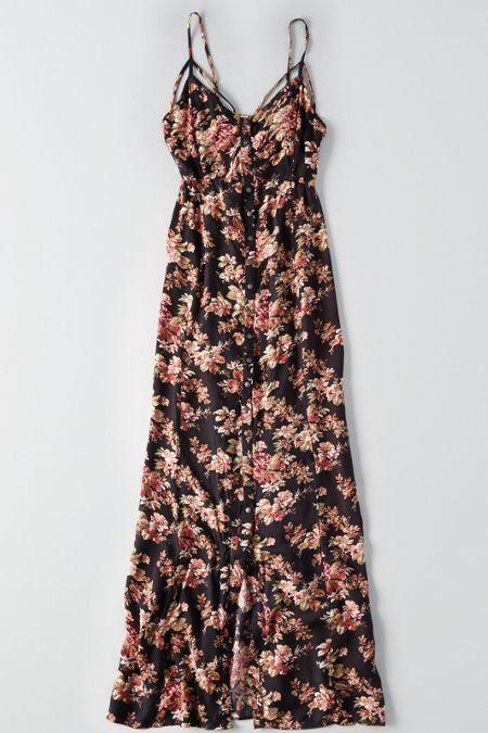 American Eagle Outfitters Ae Button Up Lace-up Maxi Dress
