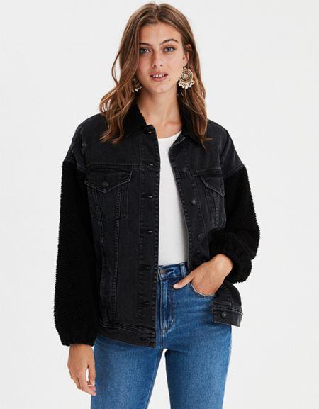 American Eagle Outfitters Ae Faux Sherpa Boyfriend Denim Jacket