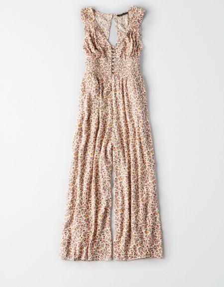American Eagle Outfitters Ae Smocked Button Front Jumpsuit
