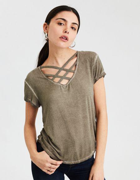 American Eagle Outfitters Ae Soft & Sexy Lace Cross Front Tee
