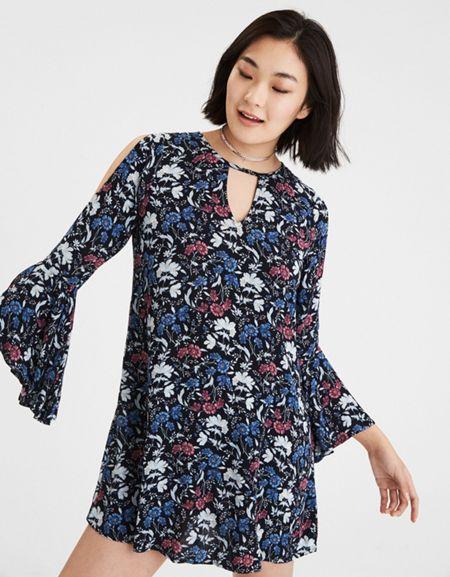 American Eagle Outfitters Ae Floral Bell Sleeve Shift Dress