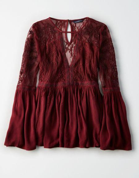 American Eagle Outfitters Ae Embroidered Mesh Bell-sleeve Top