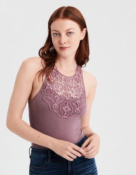 American Eagle Outfitters Ae Crochet Front High Neck Bodysuit