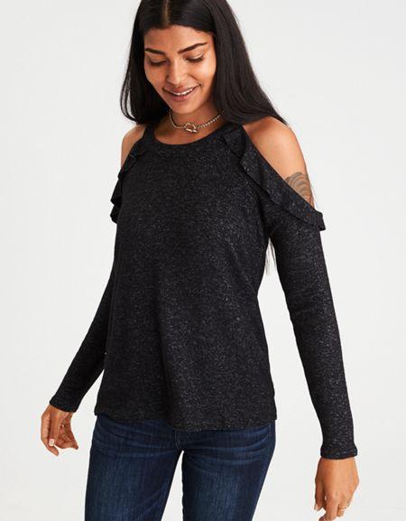 American Eagle Outfitters Ae Soft & Sexy Plush Cold Shoulder Ruffle Sweatshirt