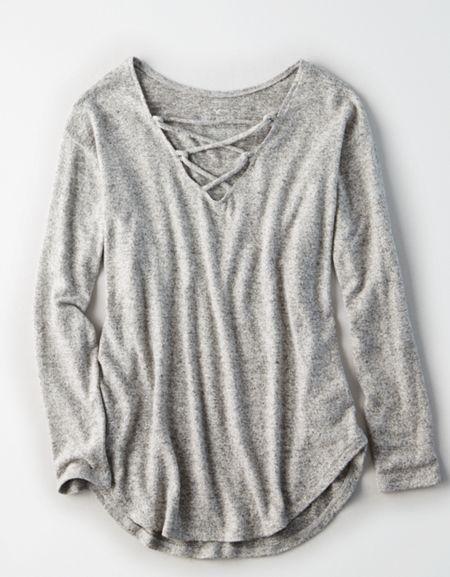 American Eagle Outfitters Ae Soft & Sexy Plush Lace-up V-neck Sweatshirt