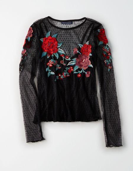 American Eagle Outfitters Ae Embroidered Mesh Overlay Top