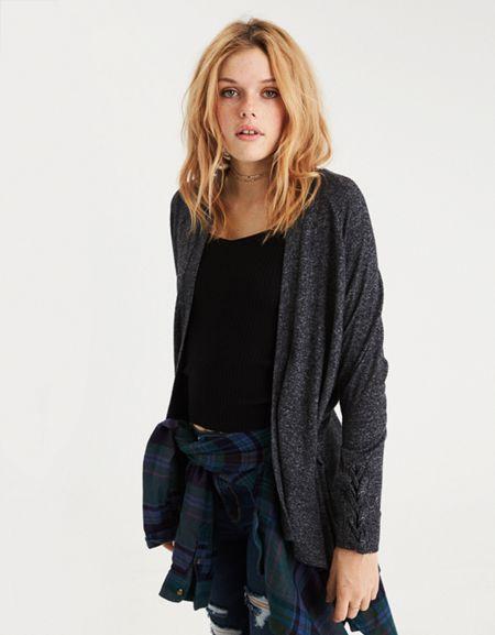 American Eagle Outfitters Ae Plush Lace-up Cuff Open Cardigan