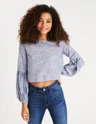 American Eagle Outfitters Ae Puff-sleeve Striped Chambray Top