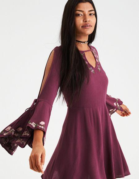 American Eagle Outfitters Ae Embroidered Keyhole Bell-sleeve Dress