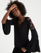 American Eagle Outfitters Ae Soft & Sexy Embroidered Bell-sleeve Top