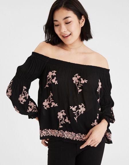 American Eagle Outfitters Ae Embroidered Off The Shoulder Solid Top