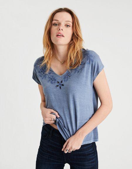 American Eagle Outfitters Ae Soft & Sexy Cut Out Embroidery V-neck T-shirt
