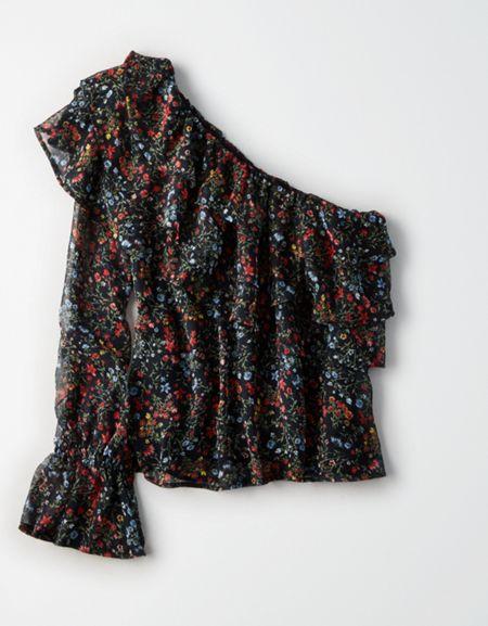 American Eagle Outfitters Ae Cold Shoulder Floral Ruffle Top