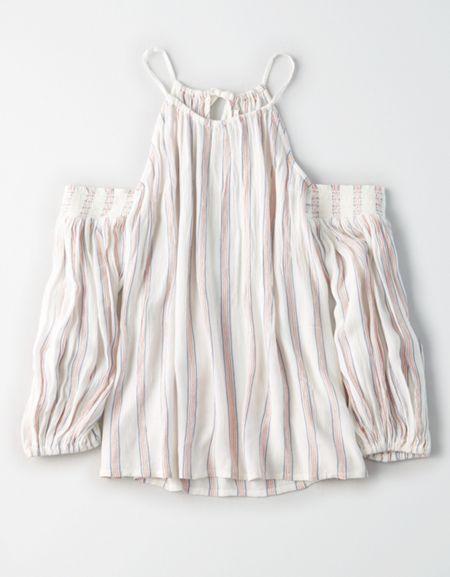 American Eagle Outfitters Ae Red White Stripe Cold Shoulder Top