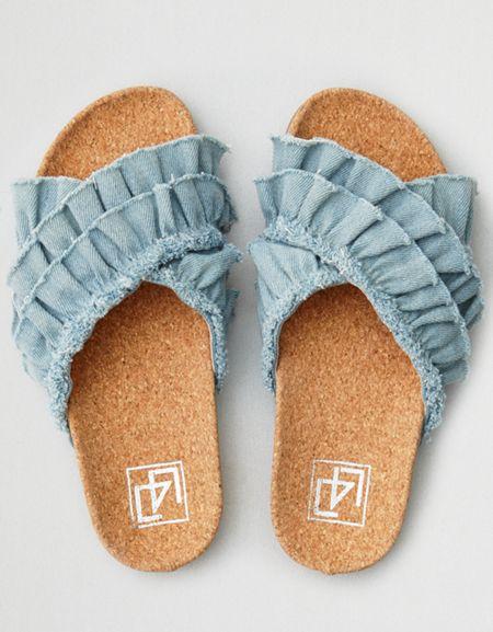 American Eagle Outfitters Lfl By Lust For Life Cross Riffle Denim Cork Slide Sandal