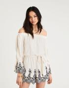 American Eagle Outfitters Ae Lined Off-the-shoulder Slit Sleeve Embroidered Romper