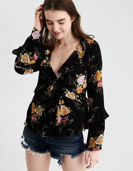 American Eagle Outfitters Ae Long Sleeve Ruffle Blouse