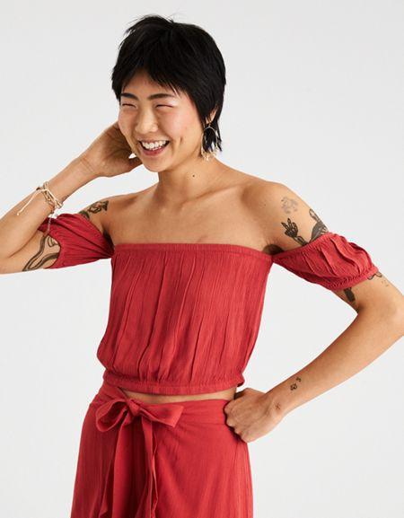 American Eagle Outfitters Ae Printed Off-the-shoulder Crop Top