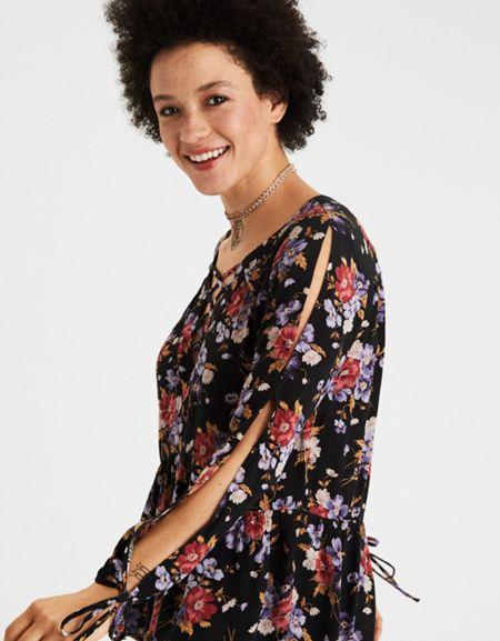 American Eagle Outfitters Ae Flowy Split-sleeve Lace-up Blouse