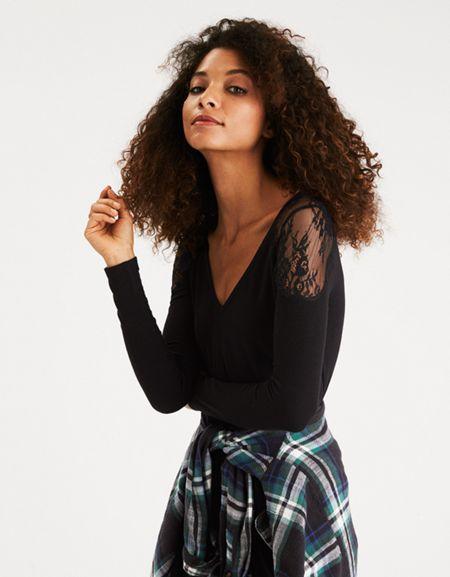 American Eagle Outfitters Ae Soft & Sexy Ribbed Lace-shoulder Dress