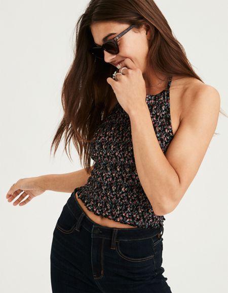 American Eagle Outfitters Ae Allover Smocked Halter Top