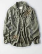 American Eagle Outfitters Ae Floral Embroidery Military Shine Shirt