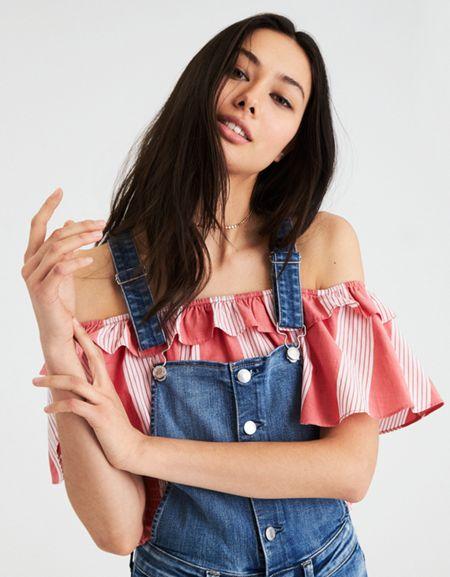 American Eagle Outfitters Ae Off-the-shoulder Striped Ruffle Top