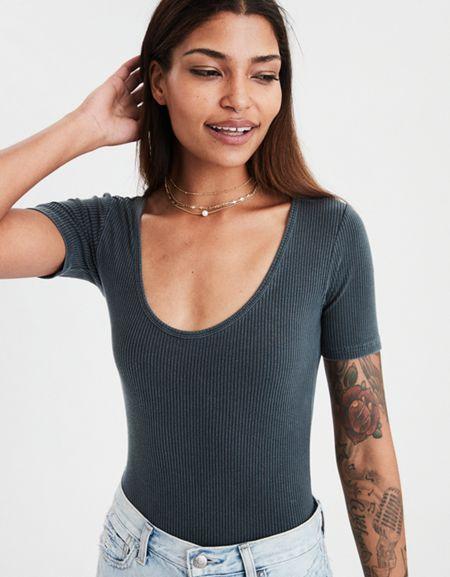 American Eagle Outfitters Ae Soft & Sexy Ribbed Scoop Neck Bodysuit