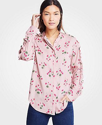 Ann Taylor Floral Pintucked Ruffle Sleeve Blouse