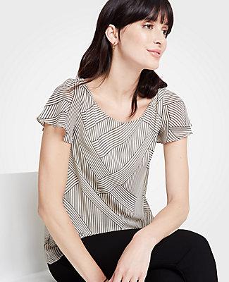 Ann Taylor Intersecting Stripe Flutter Sleeve Woven Overlay Top