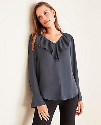 Ann Taylor Houndstooth Ruffle V-neck Blouse