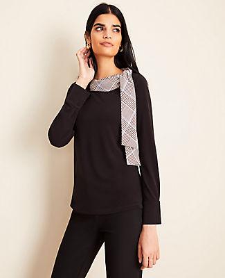 Ann Taylor Plaid Tie Neck Mixed Media Top