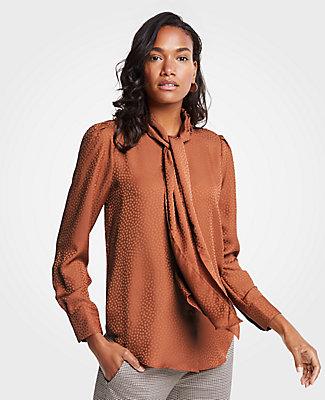 Ann Taylor Pindot Jacquard Tie Neck Blouse
