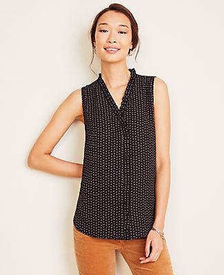 Ann Taylor Paisley Pleated Ruffle V-neck Shell