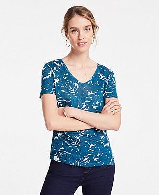 Ann Taylor Midnight Jungle Linen V-neck Tee