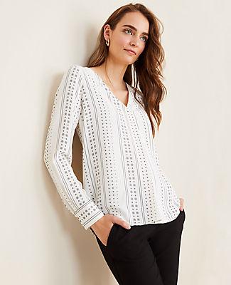 Ann Taylor Geo Striped Mixed Media Pleat Front Top