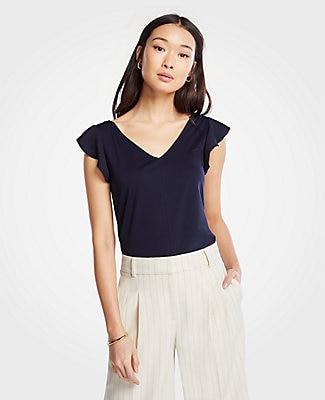 Ann Taylor Mixed Media Ruffle Cap Sleeve Top