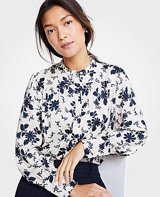 Ann Taylor Alpine Floral Shirred Button Down Blouse