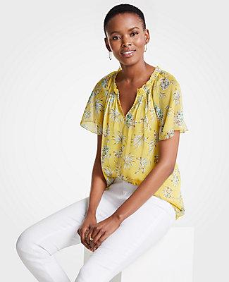 Ann Taylor Tropical Toile Pleated Split Neck Top