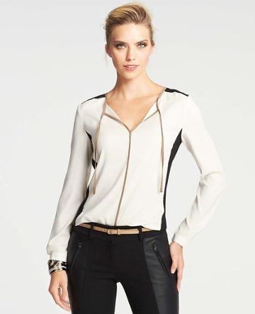  Ann Taylor Petite Tie Front Tipped Blouse