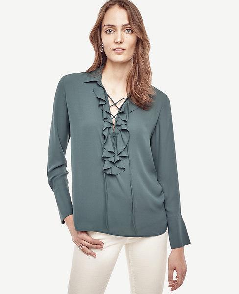 Ann Taylor Lace Up Ruffle Blouse
